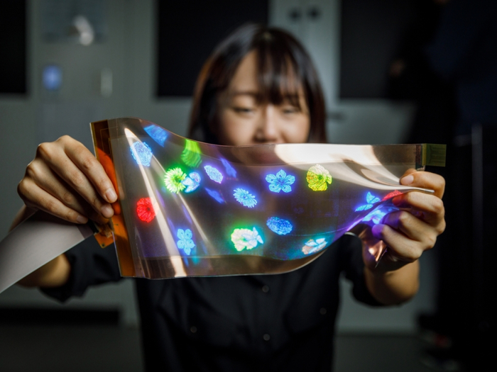 An　LG　Display　employee　displays　a　prototype　of　the　world's　first　12-inch　high-resolution　stretchable　display
