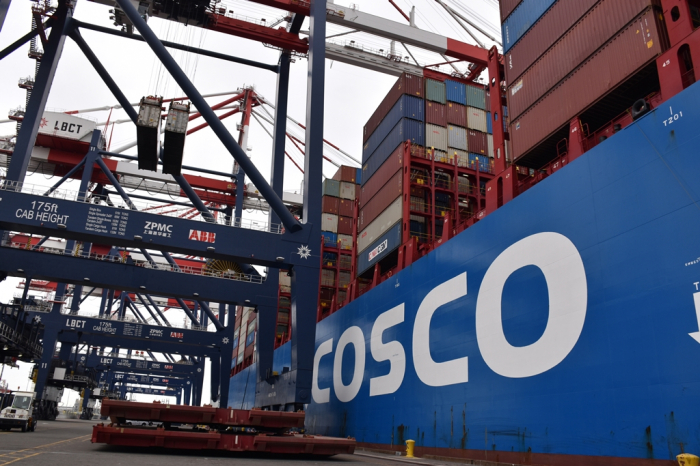 A container ship of China's COSCO Shipping docks at a new container terminal of the Port of Long Beach