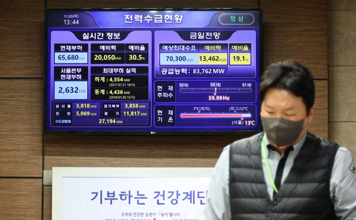 A　screen　displays　South　Korean　electricity　supply　and　demand　at　the　KEPCO　office　in　Seoul