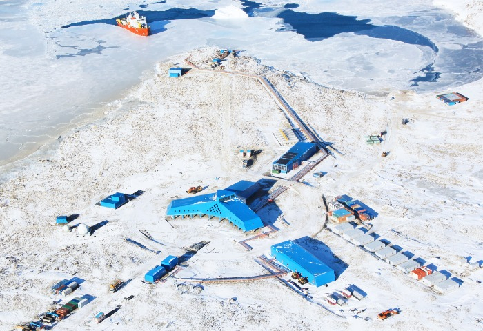 An aerial view of the Jang Bogo Station in the Antarctic