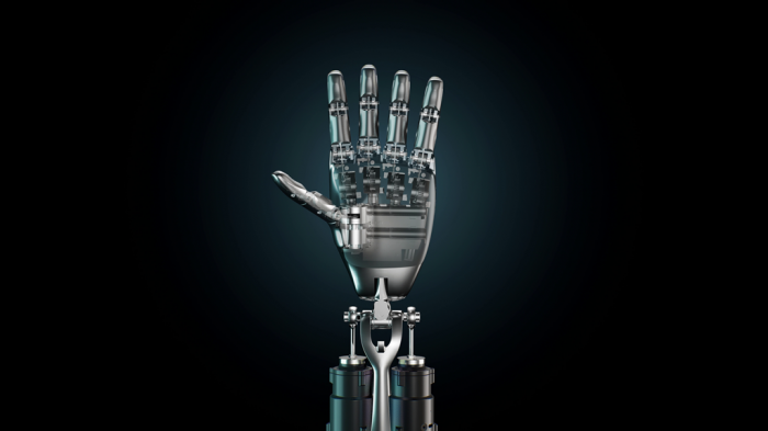 A　hand　of　Optimus,　also　known　as　Tesla　Bot, 　a　robotic　humanoid　under　development　by　Tesla