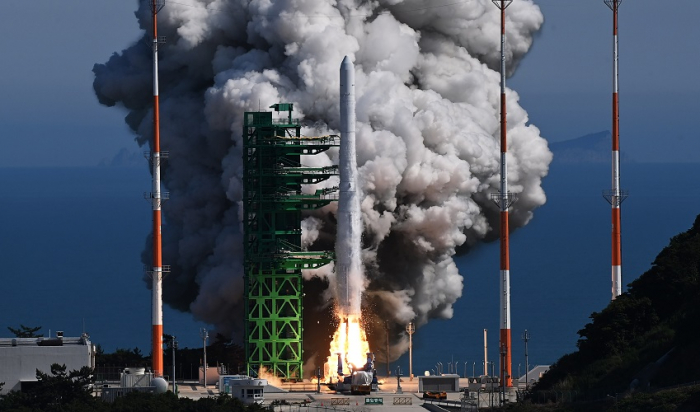 The Korean Satellite Launch Vehicle Two, nicknamed Nuri, lifts off from the Naro Space Center in Goheung