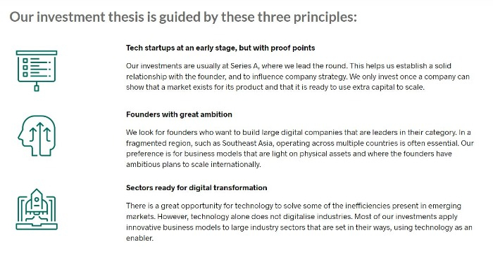 The　three　principles　of　Cento　Ventures　as　listed　on　the　website 