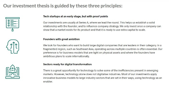 The three principles of Cento Ventures as listed on the website