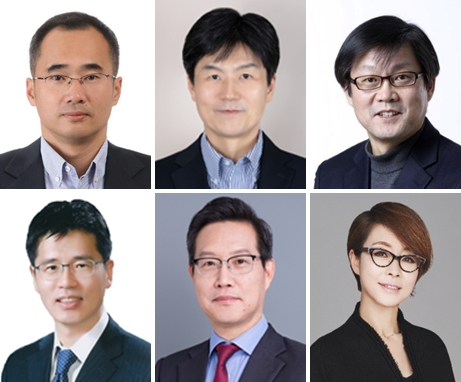 Samsung’s new presidents (clockwise from top left): Kim Woo-june of the network business; Nam Seok-woo of global manufacturing & infrastructure; Park Seung-hee, corporate relations chief; Lee Young-hee of global marketing; Greg Yang, China strategy chief; and Baek Su-hyeon, DX communications chief