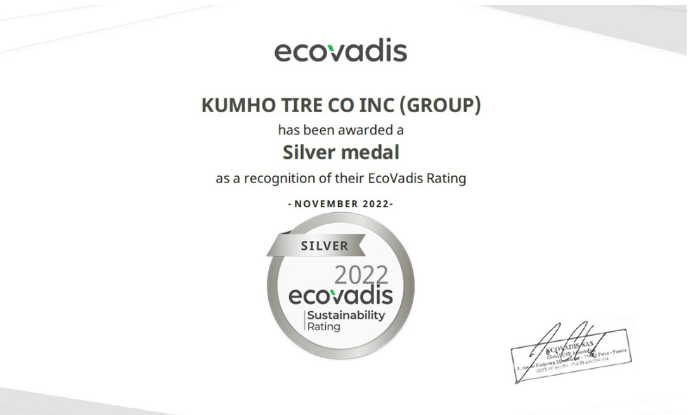 Kumho　Tire　receives　a　sliver　medal　from　EcoVadis　for　its　ESG　achievements 