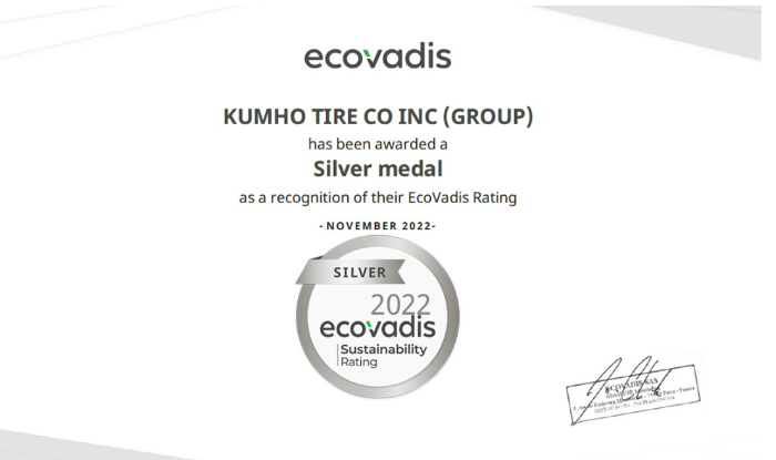 Kumho Tire receives a sliver medal from EcoVadis for its ESG achievements