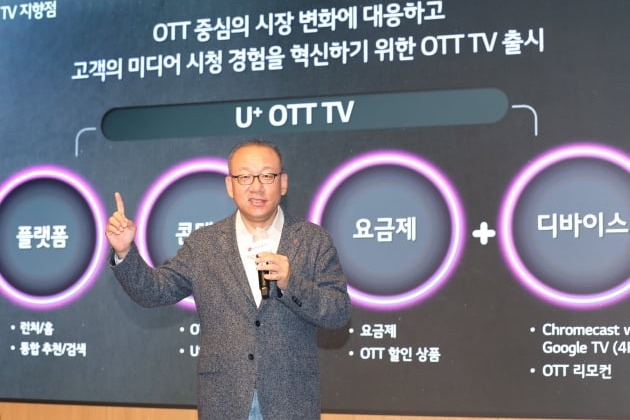 Park　Joon-dong,　head　of　consumer　service　at　LG　Uplus,　speaks　about　the　mobile　carrier's　over-the-top　platform　service　expansion　in　November　2022　(Courtesy　of　LG　Uplus)