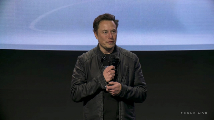 Musk speaks during the live-streamed unveiling of the Tesla Semi electric truck, in Nevada on Dec. 1, 2022 (Courtesy of Reuters, Yonhap)