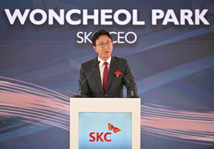 SKC CEO Park Won-cheol speaks at a groundbreaking ceremony for its copper foil plant in Poland
