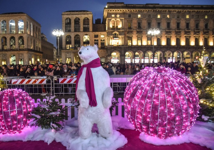 An ice bear statue during the Christmas tree lighting ceremony at Piazza Duomo in Milan on Dec. 6