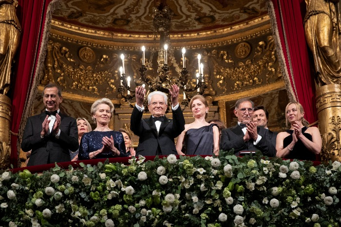 Italy's President Sergio Mattarella and his wife Laura attend La Scala's opening of its 2022-23 season in Milan on Dec. 7