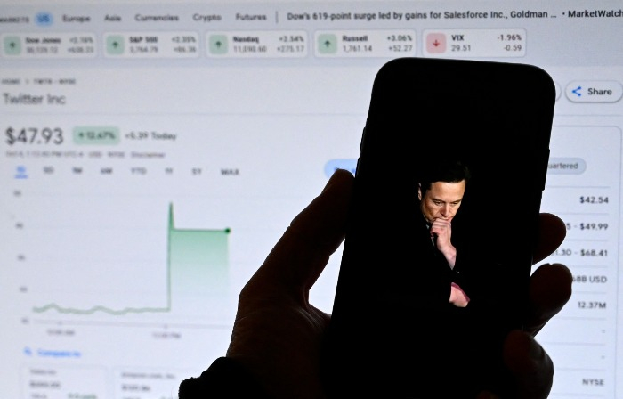 A photo of Elon Musk with a computer screen showing Twitter trading that was halted in midday trade on Oct. 4