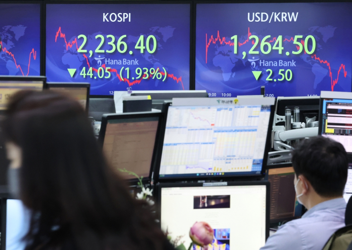 Hana Bank's trading floor in central Seoul on Dec. 29, 2022, the last local trading day of the year (Courtesy of Yonhap)