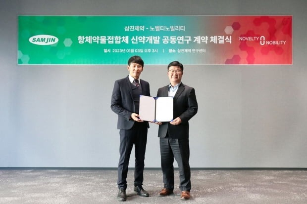 Lee　Su-min,　head　of　Samjin　Pharm　R&D　Center　(left)　and　Park　Sang-kyu,　CEO　of　Novelty　Nobility