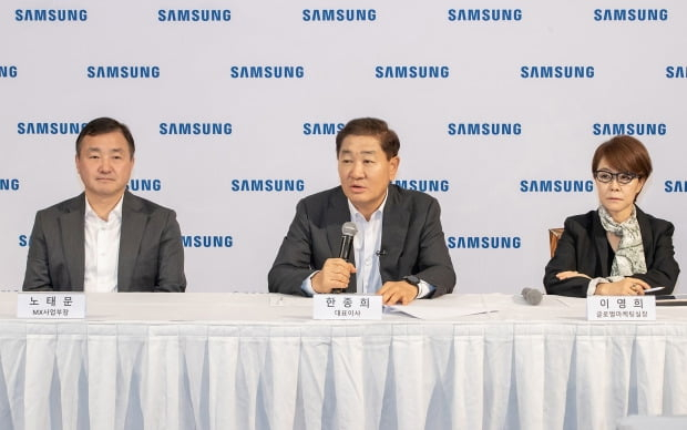 Roh　Tae-moon　(left),　president　of　Samsung　Electronics'　mobile　eXperience　division,　Han　Jong-hee,　Samsung　Electronics'　co-CEO,　and　Lee　Young-hee,　Samsung　Electronics'　president　of　global　marketing　(Courtesy　of　Samsung)
