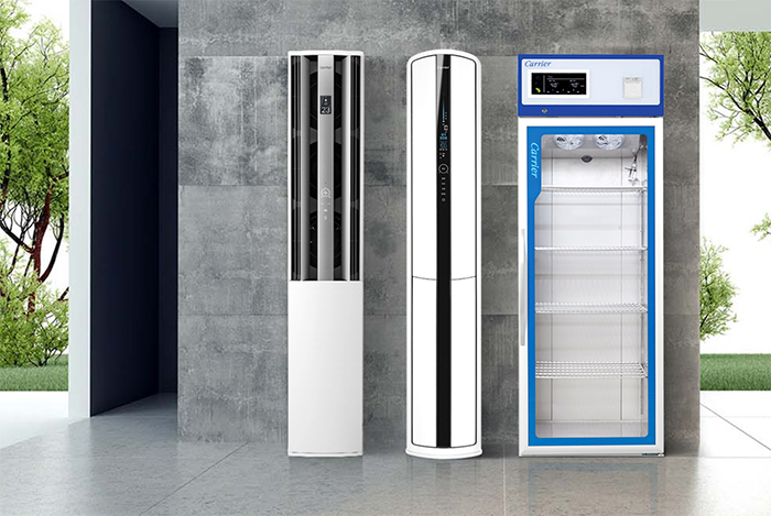 Products of Carrier’s South Korean joint venture -- an air conditioner (from left), air purifier and medicine refrigerator (Courtesy of CRK Corp.)