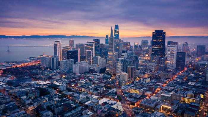 San　Francisco　skyline　aerial　view　at　night　(Source:　Getty　Images　Bank)