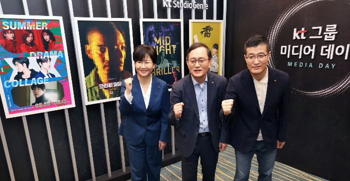 KT　Studio　Genie　CEO　Kim　Chul-yeon　(left)　at　KT　Media　Day　in　April,　2022