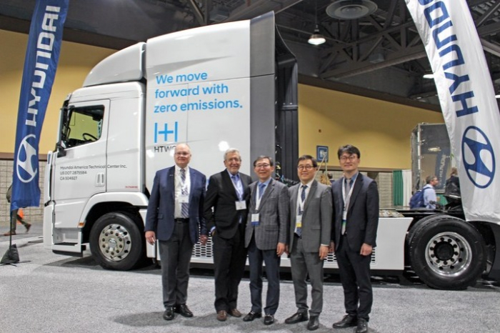 Hyundai Motor's booth at HFCS featuring the Xcient hydrogen truck .