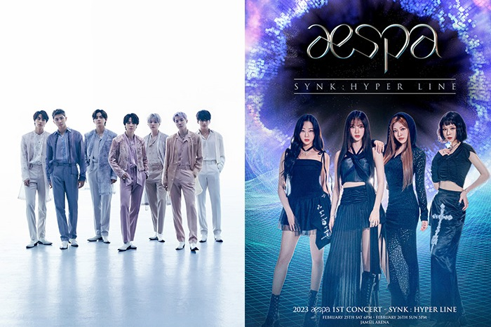HYBE's megaband BTS (left) and SM Entertainment's girl group aespa
