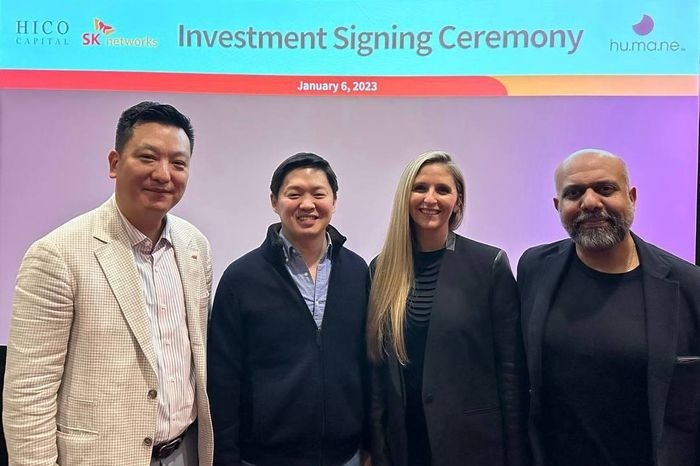 SK　Networks'　Hico　Capital　CEO　Samuel　Kim　(from　left),　SK　Networks　General　Manager　Choi　Seong-hwan,　Humane　Co-Founders　Bethany　Bongiorno　and　Imran　Chaudhri　(Courtesy　of　SK　Networks)