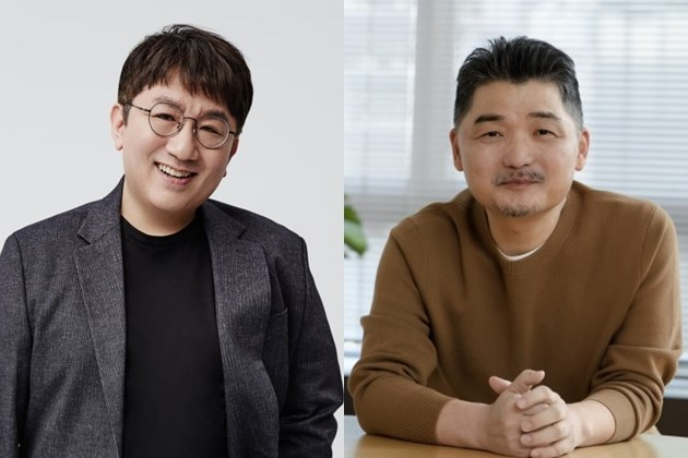 HYBE Founder and Chairman Bang Si-hyuk (left), Kakao Founder Kim Beom-soo