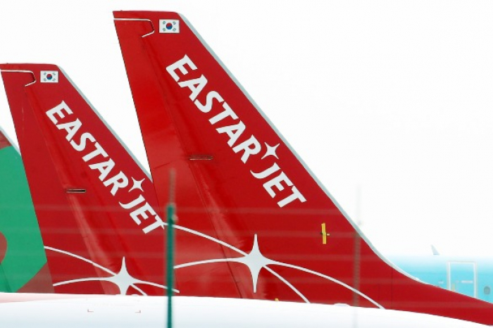 Tails of Eastar Jet planes parked at Incheon International Airport (Courtesy of Yonhap)