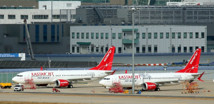 B737　Max　planes　owned　by　Eastar　Jet　and　grounded　at　Incheon　International　Airport　(Courtesy　of　Yonhap)