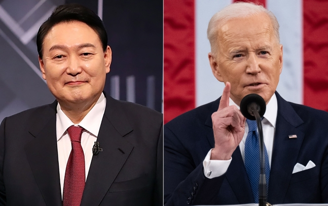 South　Korean　President　Yoon　Suk　Yeol　(left)　and　US　President　Joe　Biden　will　have　a　summit　meeting　over　chip　issues　in　April