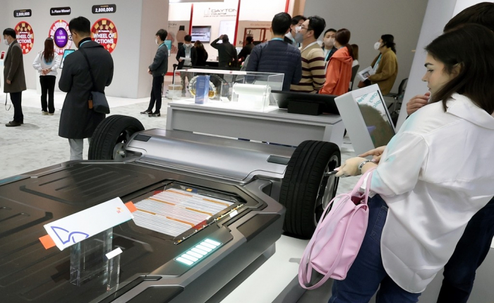 SK Innovation's battery maker SK On showcases an EV battery at CES 2023 in Las Vegas on Jan. 5, 2023