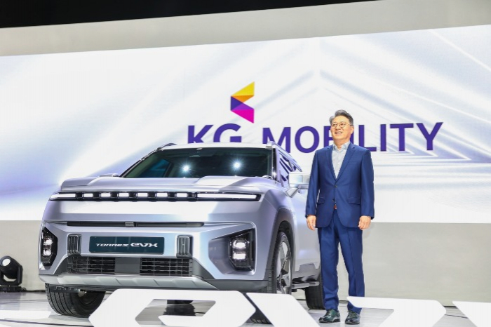 KG Mobility (formerly SsangYong Motor) showcases the electrified version of its midsize SUV Torres EVX at the Seoul Mobility Show 2023 on March 30, 2023 at KINTEX
