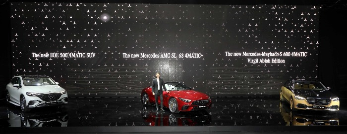 Thomas Klein, president & CEO of Mercedes-Benz Korea, with Mercedez-Benz cars at the Seoul Mobility Show 2023 on March 30, 2023 at KINTEX