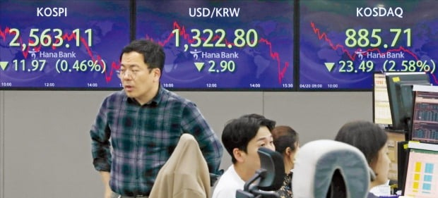 Hana Bank’s trading floor in Seoul on April 20, 2023. The won currency ended the domestic currency market up 0.2% to 1,322.8 per dollar after hitting a near five-month low as South Korea’s foreign exchange authorities were spotted selling the US currency to intervene