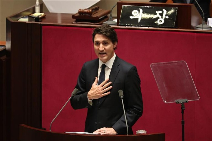 Canadian Prime Minister Justin Trudeau speaks at South Korea's National Assembly on May 17