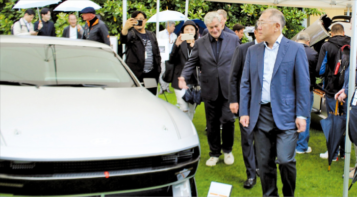 Hyundai　Motor　Chairman　Chung　Euisun　(right)　looks　at　the　N　Vision　74　concept　at　this　year’s　Concorso　d'Eleganza　Villa　d'Este　in　Italy