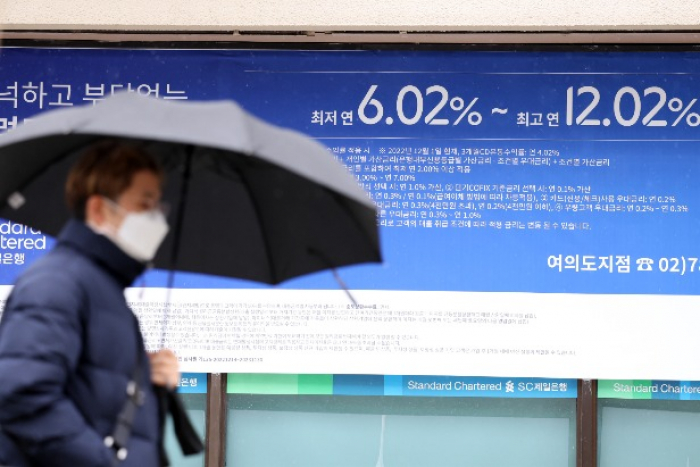 Banner announcing loan rates at a Standard Chartered Bank Korea branch in the Yeouido financial district of Seoul, in early 2023