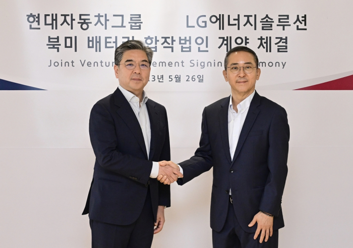 Hyundai　Motor　CEO　Chang　Jae-hoon　(left)　and　LG　Energy　CEO　Kwon　Young-soo　shake　hands　after　signing　a　.3　billion　deal　to　build　a　battery　plant　in　Savannah,　Georgia