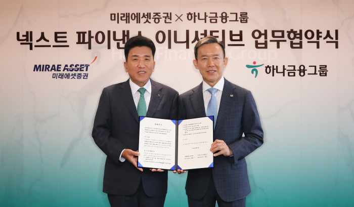 Hana　Financial　Group　CEO　Ham　Young-joo　(left)　and　Choi　Hyun-man,　Mirae　Asset　Secuirities　CEO