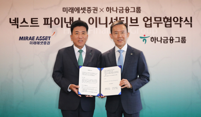 Hana　Financial　Group　CEO　Ham　Young-joo　(left)　and　Choi　Hyun-man,　Mirae　Asset　Secuirities　CEO