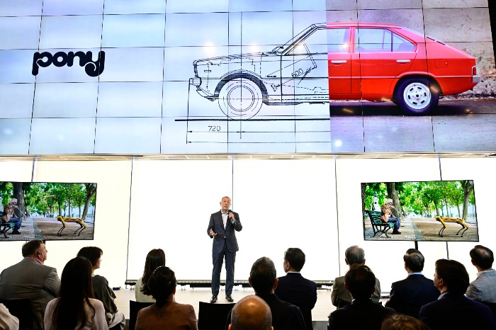 Hyundai　Motor　Chairman　Chung　Euisun　speaks　at　the　opening　ceremony　of　'PONY,　the　timeless'　heritage　exhibition　on　June　7,　2023 