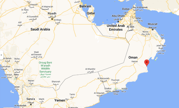 Duqm,　marked　in　red,　is　an　eastern　port　town　in　Oman　(Google　Maps)
