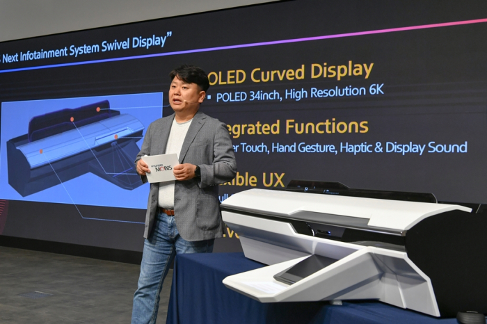 Hyundai　Mobis’　electronics　device　chief　Han　Young-hoon　showcases　its　swivel　automotive　display　during　the　2023　Media　Tech　Day 