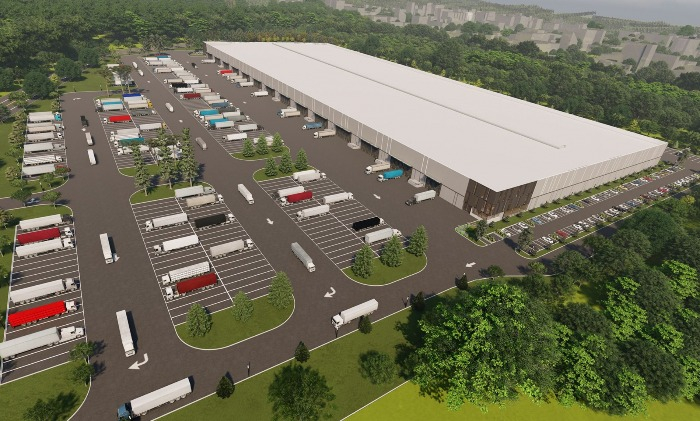 A　rendering　image　of　a　CJ　logistics　center　in　Elwood,　Illinois