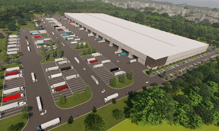 A rendering image of a CJ logistics center in Elwood, Illinois