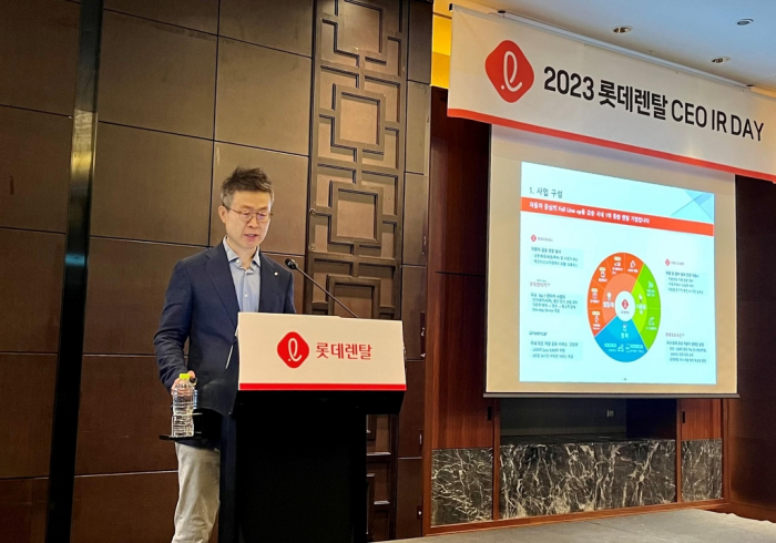 Lotte Rental CEO Choi Jin-hwan unveils the company's business plans during its CEO IR Day