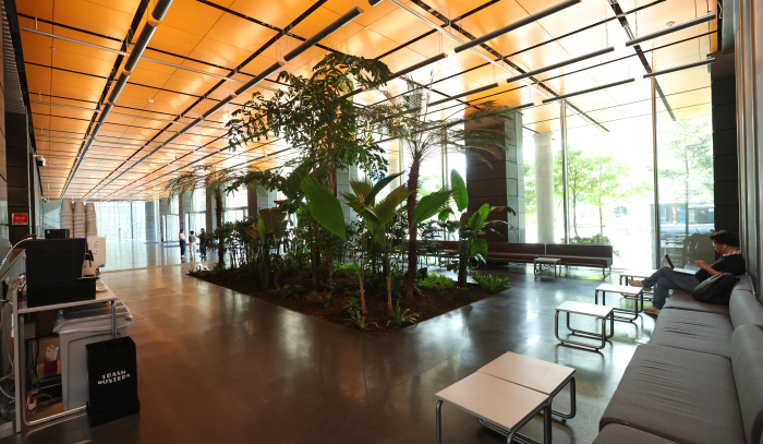 The lobby of HYBE headquarters in Yongsan, Seoul