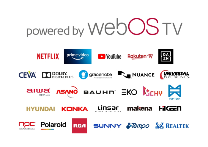 Logos　of　firms　and　services　that　support　LG's　webOS　smart　TV　platform