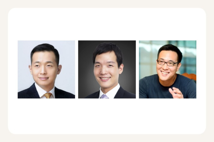 The Hanwha Group chairman’s first son Kim Dong-kwan (on left), second son Kim Dong-won and third son Kim Dong-seon