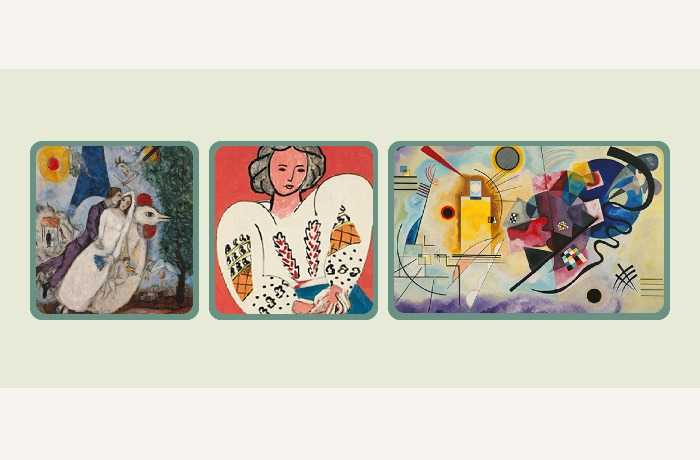 'Les mariés de la Tour Eiffel' by Marc Chagall, 'La Blouse Roumaine' by Henri Matisse and 'Gelb-Rot-Blau' by Wassily Kandinsky (from left to right/ Courtesy of Centre Pompidou)